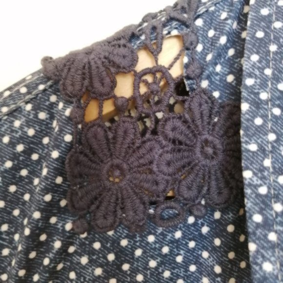 Tango Mango Blue and White Polka Dot with Floral Lace Back Midi Dress - Picture 7 of 17